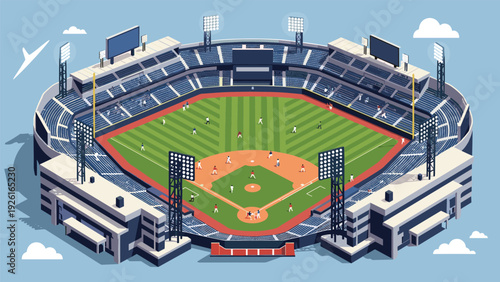 Isometric baseball stadium with a game in progress and numerous spectators, depicting a vibrant atmosphere of sport and entertainment.
