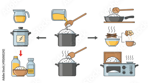 Detailed infographic illustrating the traditional process of making rice wine or sake, from preparation to fermentation and bottling.