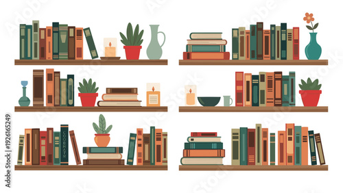 Diverse collection of bookshelves filled with an assortment of books, green plants, and charming decorative items, creating a cozy atmosphere.