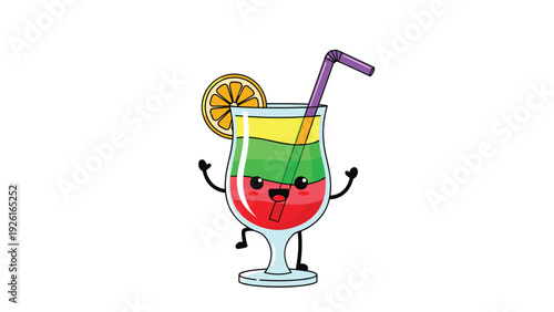 Adorable cartoon cocktail character with layered colorful drink, a straw, orange slice, and cheerful facial expression.