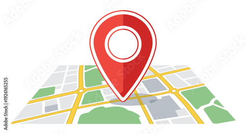Red map location pin marker graphic illustration precisely indicating a destination point on a city street grid