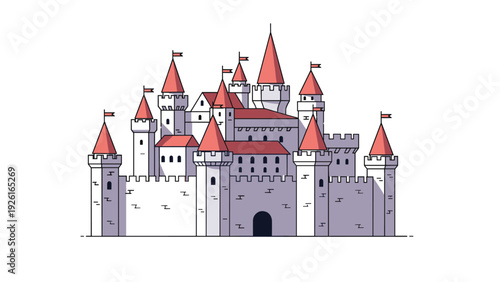 Whimsical fairytale castle illustration with multiple towers, turrets, and distinctive red roofs, set against a pristine white background.