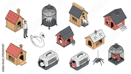 Isometric collection of diverse pet houses, animal carriers, and cages, featuring various animals like dogs, cats, swans, and a fox.