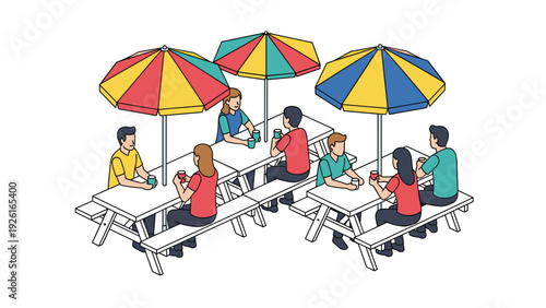 Isometric illustration of people enjoying drinks at outdoor picnic tables under colorful umbrellas, representing a cafe or food court.