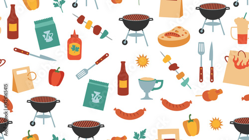 Seamless pattern of barbecue and picnic essentials, including grills, skewers, sausages, drinks, utensils, peppers, and sun motifs.