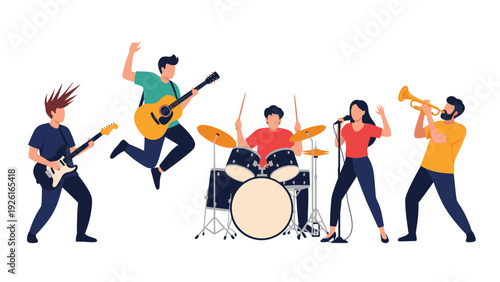 Dynamic band performing energetically on stage, with musicians playing electric guitars, drums, and a trumpet, alongside a talented vocalist.