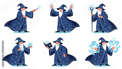 Collection of six powerful wizard illustrations in various poses, showcasing spell casting, holding a staff, a crystal ball, and a magic book.