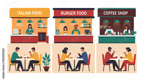 Vibrant set of food stalls, including Italian, Burger, and Coffee shops, with staff serving customers enjoying meals at tables.