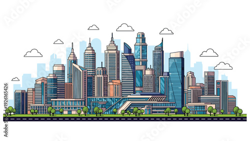 Panoramic modern city skyline featuring numerous towering skyscrapers, contemporary buildings, and lush green trees lining the bustling streets.