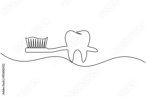 Tooth and Toothbrush Continuous One Line Art Daily Oral Hygiene Dental Care Vector Illustration
