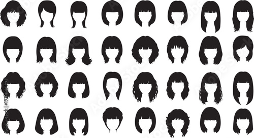 Collection of diverse black and white hair silhouettes in various styles isolated on transparent background, Vector