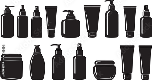 Assorted black and white cosmetic containers and bottles in various shapes and sizes isolated on transparent background, Vector
