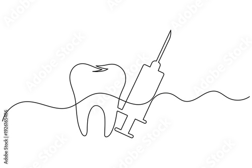 Tooth with Syringe Continuous One Line Art Dental Anesthesia Injection Dentist Treatment Icon Vector