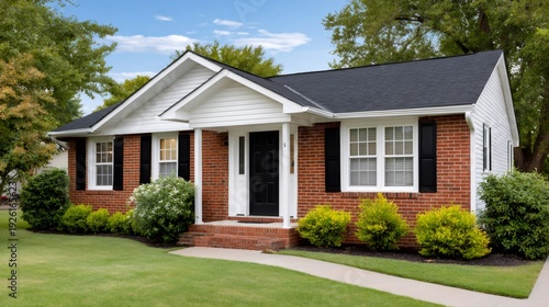 Suburban brick home with black shutters and green lawn