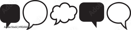 A collection of five different speech bubble icons with various symbols inside isolated on transparent background, Vector