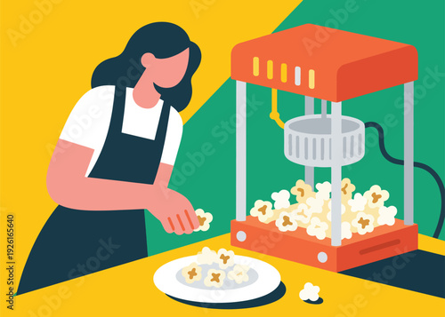 Cartoon of a Female Taking Popcorn From a Machine Illustration Creative Design Template 
