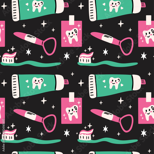 Dental care vector seamless pattern with cute funky cartoon illustration of oral hygiene, healthcare, cleaning tools, toothpaste, toothbrush, kids dentistry, children's dental clinic