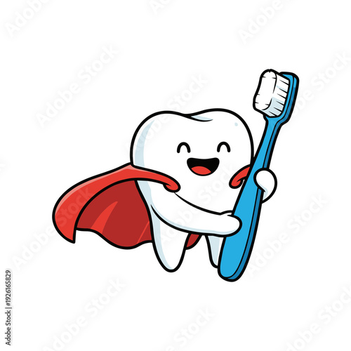 Happy superhero tooth character holding blue toothbrush with red cape, vector illustration promoting dental hygiene and oral health care