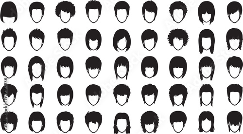 A collection of various hairstyles and haircuts for different face shapes isolated on transparent background, Vector