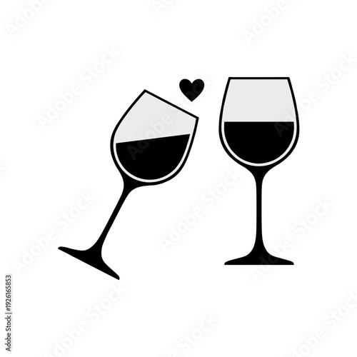 Two wine glasses clinking together in toast with heart symbol, minimalist vector illustration of romance celebration and drinking culture