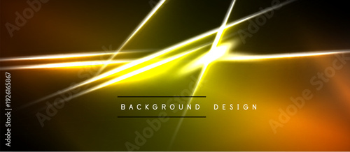 Abstract yellow lines over black background. Bright energy radiates from central point. Modern design element for digital projects.
