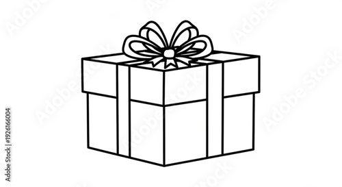 A simple black and white line drawing of a gift box with a bow on top viewed from the front