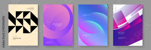 Set of four diverse abstract posters featuring geometric patterns circles and vibrant purple gradients for creative project layouts