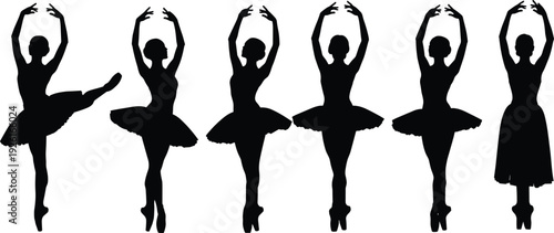 Set of black silhouettes featuring graceful ballerinas in tutus performing various classical ballet poses, elegant dance positions, and pointe movements.