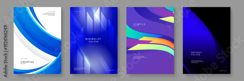 Set of four professional abstract posters with blue waves light streaks and dark themes for premium corporate identity