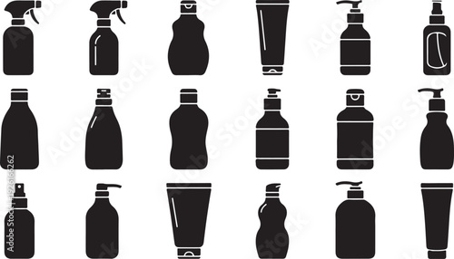 A variety of spray bottles and containers in black and white silhouette style isolated on transparent background, Vector