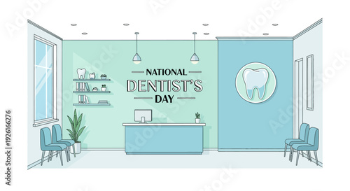 Illustration of a dentist's office interior with a blue reception desk and 'National Dentist's Day' sign on the wall, celebrating oral health awareness and dental care.