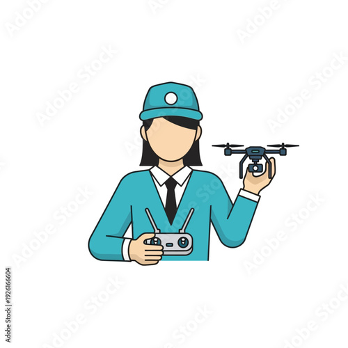 Drone Pilot with UAV and Remote Control. Professional Quadcopter Operator Vector Illustration.