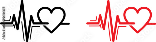 Heart rate pulse line art icons in black and red
