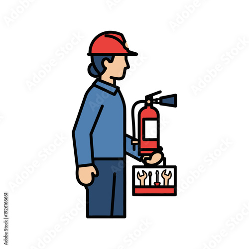 Fire Safety and Maintenance Technician Icon with Extinguisher and Toolbox
