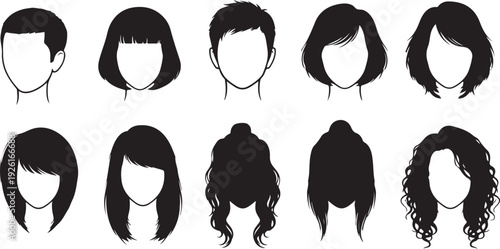 A diverse collection of nine unique hairstyles for women isolated on transparent background, Vector