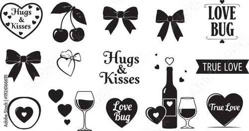 Romantic clipart featuring hearts, kisses, wine, and cherries for valentine's day. isolated on transparent background, Vector