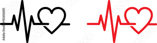 Heartbeat and heart symbols in black and red colors