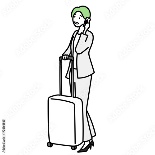 スーツケースを持ってスマートフォンで通話するビジネススーツ姿の女性｜出張や旅行の待ち合わせや移動中のシーンをイメージしたシンプルなイラスト素材