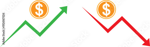 Financial growth and decline represented by arrows and dollar signs