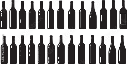 Assorted wine bottles and a single can displayed in a grid pattern isolated on transparent background, Vector