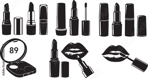 Assorted makeup products and tools in a minimalist black and white design isolated on transparent background, Vector