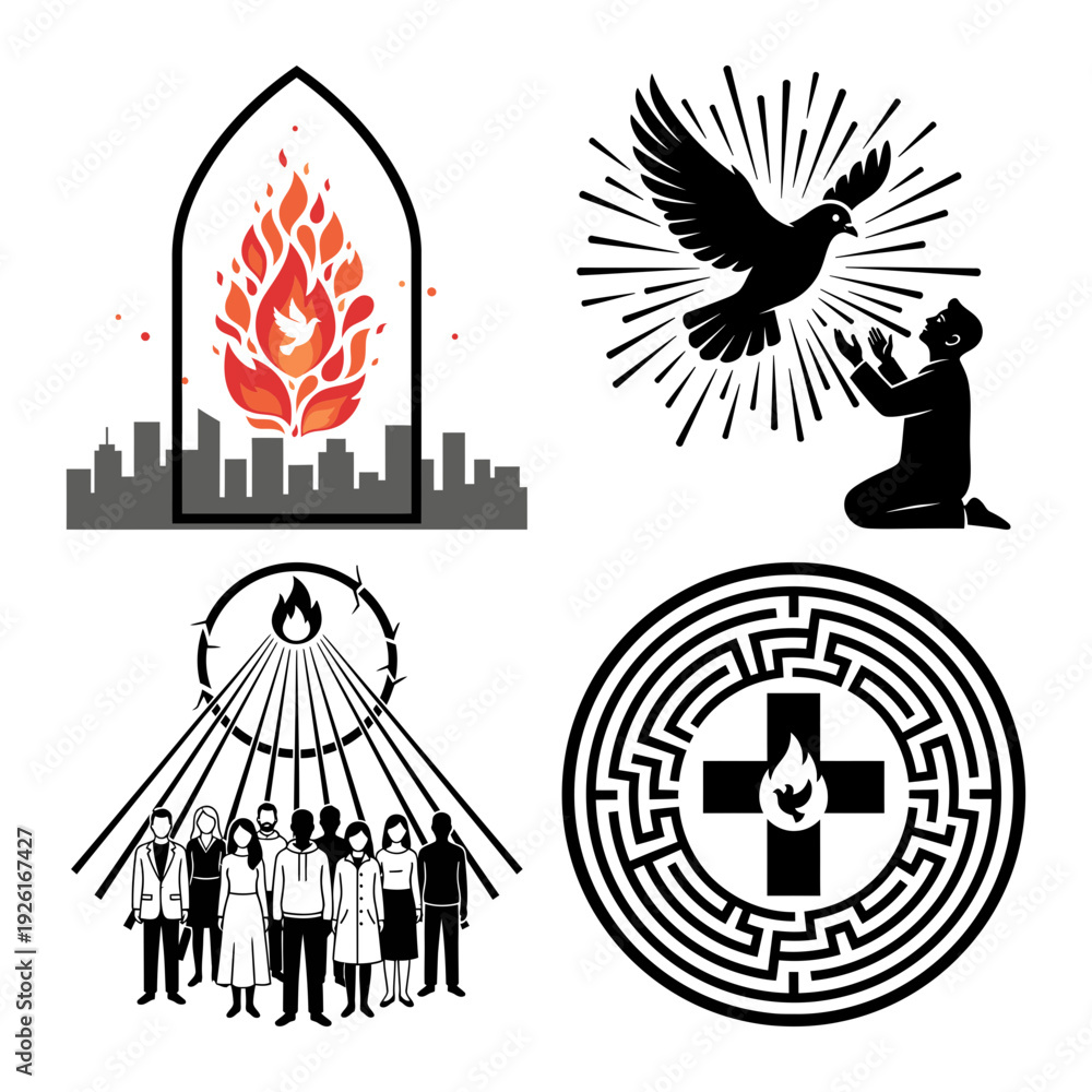 Fototapeta premium Dove handshake lantern and guidance light christian icon bundle