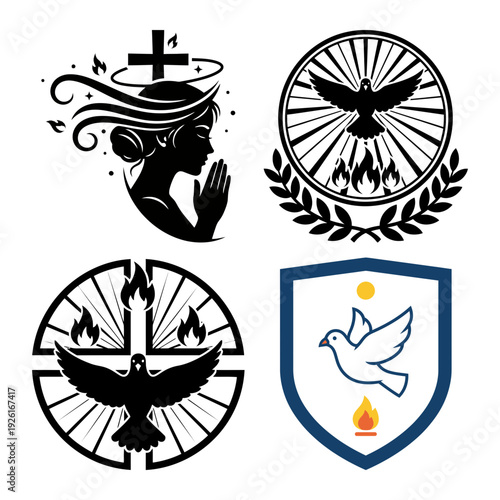 Bible study classroom teaching with dove and community flame icon bundle