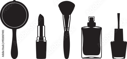 An assortment of makeup items including a mirror, lipstick, brush, perfume bottle, and eyelash curler isolated on transparent background, Vector