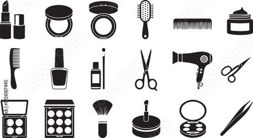 A comprehensive collection of beauty and grooming tools and accessories isolated on transparent background, Vector