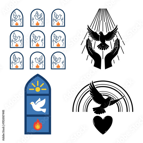 Holy spirit dove hands and bible with cross flame icon bundle