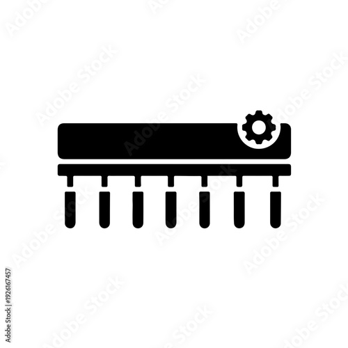 Black and white icon of a power harrow with vertical rotating tines for intensive soil cultivation, industrial vector