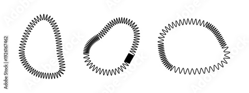 Black wire extension spring, irregular circular loops, mechanical hardware elements isolated on a transparent background, vector design