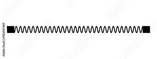 Horizontal metal coil spring vector graphic design. Spiral industrial component shape showing compression tension mechanics. Elastic flexible curved wire piece.