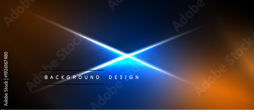 Abstract gradient background. Bright blue light flares intersect. Dark edges frame orange, navy hues. Text reads background design.